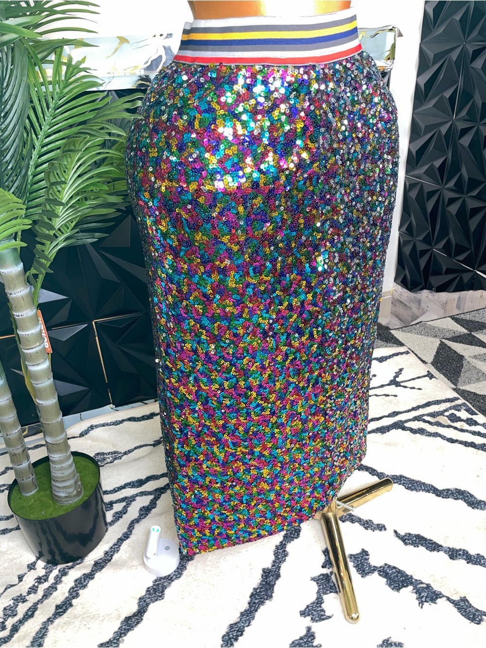 🔥Sequin Pencil Skirt with Striped Elastic Waistband - Multicolor